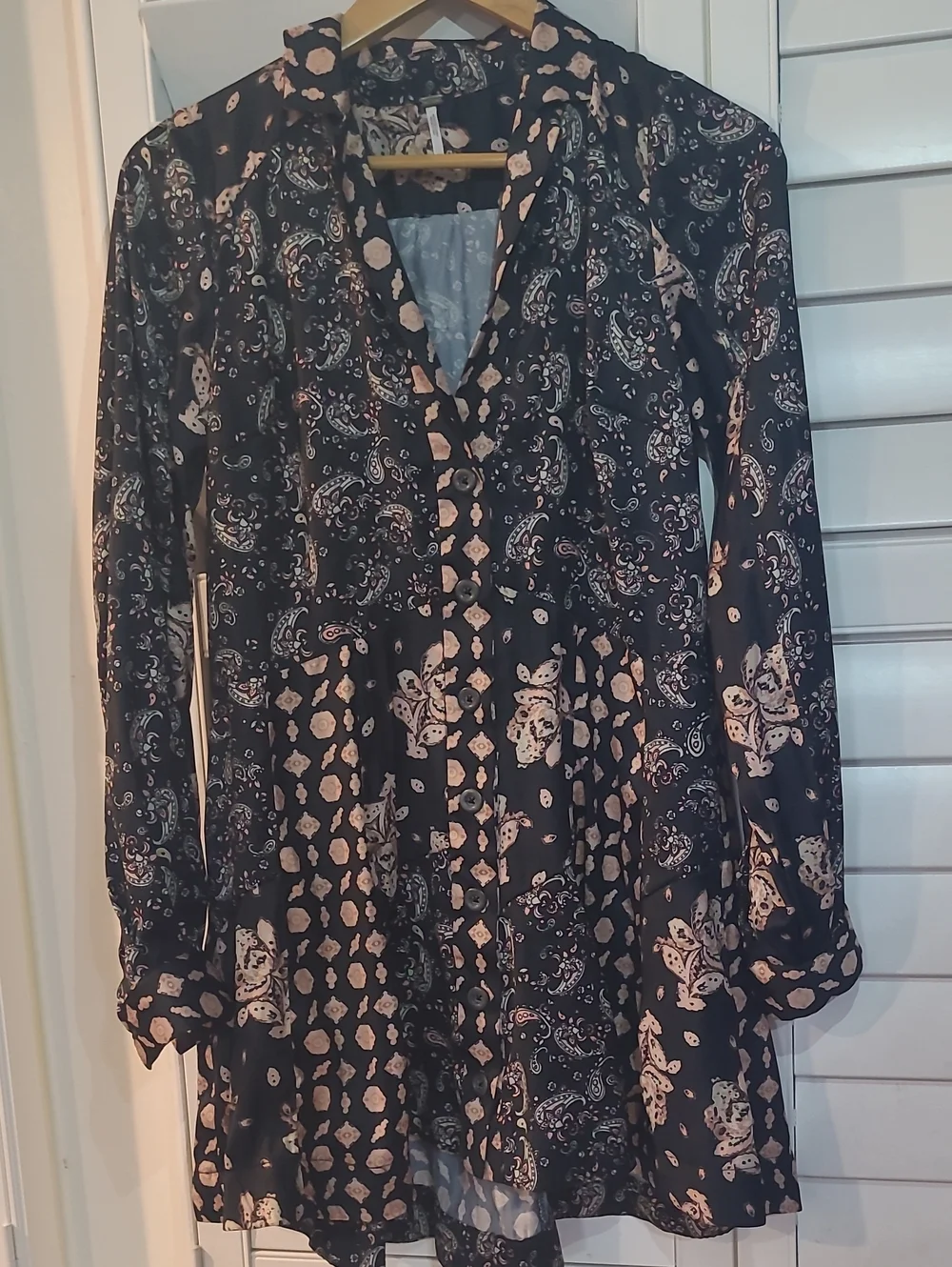 Free People Black Long-Sleeve Paisley & Floral V-Neck Dress with Blush Accents